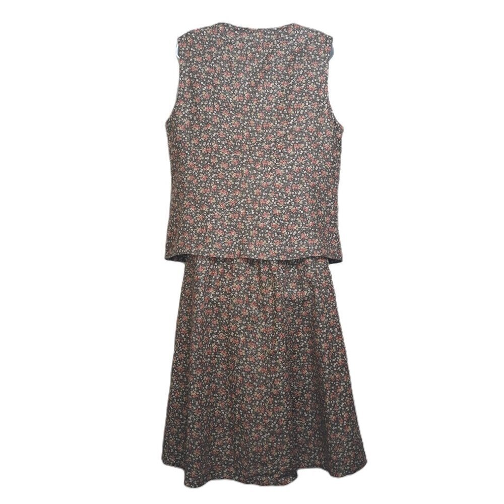 Cottagecore Linen Blend Calico Floral Midi Skirt & Vest Set Green Preppy - Picture 3 of 10